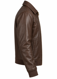 Men's <b>Brown</b> Genuine <b>Leather</b> Moto <b>Jacket</b> Turn-down Collar Zipper Closure Regular Fit Autumn Wear - Product Image 4