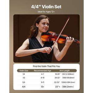 Ensemble de violon 4/4 taille adulte pour débutants, étui rigide avec colophane, archet, épaulette, chevalet et accordeur 'E' - Product Image 4
