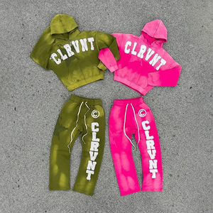 Clothing Manufacturers Custom Distressed <b>Embroidery</b> Summer Heavyweight 100% Cotton Sweatpants Hoodie <b>Set</b> Tracksuit Men Low MOQ - Product Image 1