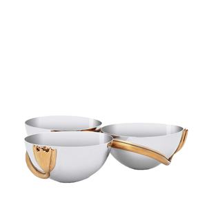 Moderno y de alta demanda, servidor de condimentos de 3 secciones con hojas decorativas plateadas, decorativo para fiestas y el hogar, de acero inoxidable con borde dorado, hecho a mano. - Product Image 1