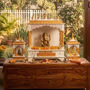 Dôme d'autel Art Déco en bois de manguier massif, fait main, pour la prière à domicile, Mandir Pooja indien traditionnel, pour mariage et anniversaire - Product Image 1