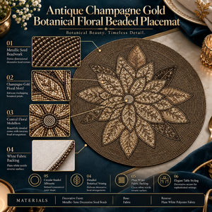 Set de table antique en verre doré champagne avec médaillon floral botanique | Nappe de table ronde élégante en métal pour dîner de luxe - Product Image 5