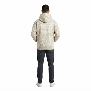 Sweat-shirt à capuche pour homme en crème avec motif de lignes topographiques, poche kangourou, streetwear personnalisé - Product Image 2