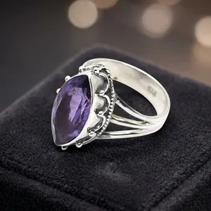 Vintage 925 Silver Amethyst Ring Pear Cut Bezel Setting Women's Gemstone Ring Everyday Wear - Product Image 4