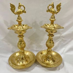 Antique Style Brass <b>Oil</b> <b>Lamp</b> Pair with Detailed Back Design, Multi Diya Stand for Puja Room, Temple Decor and Festival Use - Product Image 5