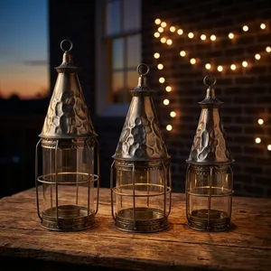 Juego de Faroles Metálicos con Jaula de Vidrio Cilíndrica, Decoración para Exteriores y Hogar, Portavelas Vacíos - Product Image 1