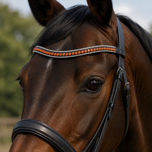 Fronture de luxe en cuir fait main avec cristaux orange et double rangée de strass pour l'équitation - Product Image 1