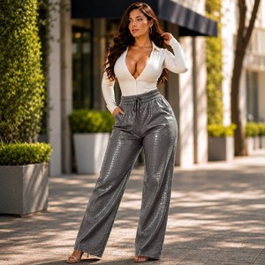 Pantalon large en cuir gaufré crocodile gris, pantalon taille haute tendance pour femme, pantalon décontracté - Product Image 1