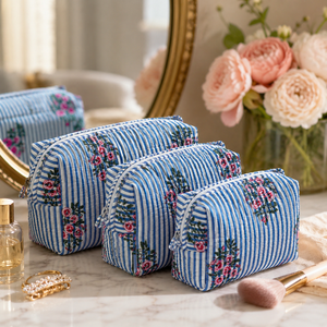 Luxury Mint Botanical Embroidered 3-Piece Makeup Pouch Set Quilted Cotton Zipper Closure Cosmetic <b>Bags</b> Women Travel <b>Vanity</b> - Product Image 1