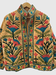 Chaqueta de Algodón con Bordado Floral a Mano, Cuello Mandarín, Manga Larga, Talla Grande, Estilo Prairie Chic para Mujer, Otoño - Product Image 4