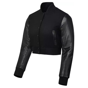 Veste universitaire courte pour femme, entièrement noire, corps en laine et manches en cuir, style Letterman, veste bomber courte, confortable - Product Image 3