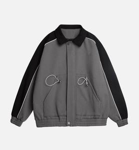 Men's Gray <b>Coach</b> Bomber Jacket With Black Sleeves Turn-down Collar Casual Fleece Coat Autumn Regular Fit Single Button Closure - Product Image 3