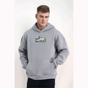 Sweat-shirt à capuche gris pour homme avec imprimé Grande Vague en coton French Terry, décontracté pour l'automne - Product Image 5