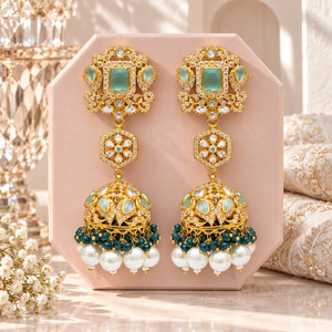 Wholesale Sea Green Jhumka <b>Earrings</b> <b>Pearl</b> Drops Gold Tone Wedding Jewelry Bulk Custom Design - Product Image 5