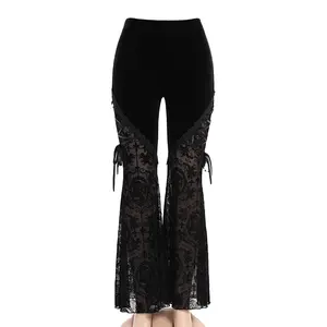 고딕 레이스 패치 워크 플레어 바지 여성 로리타 붕대 섹시한 여름 블랙 높은 허리 바지 펑크 그런 지 패션 Streetwear
