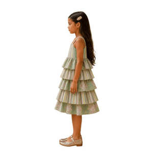 Robe d'été légère sans manches en mousseline imprimée à volants superposés pour filles de 0 à 6 mois, vert olive et rose - Product Image 3
