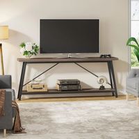 Table console à 2 niveaux en bois d'acacia massif naturel avec structure en métal noir pour salon, entrée, couloir, meubles de maison