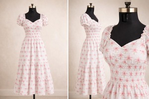 เดรสผ้าพิมพ์ลายดอกไม้แบบแฮนด์บล็อก คอรูปหัวใจ แขนสั้นพอง เอวยางยืด ยาวแบบแม็กซี่ ผลงานแฮนด์เมดชิ้นเอก - Product Image 2