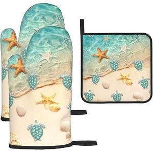 Set di 3 Guanti da Forno e Presine a Forma di Tartaruga Marina, Decorazione Nautica per Cucina, Resistenti al Calore, Colore Teal - Product Image 1