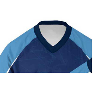 Maillot de lacrosse sublimé à col en V, blanc et bleu, imprimé géométrique, anti-humidité, unisexe adulte, manches courtes, vêtement de sport OEM - Product Image 4