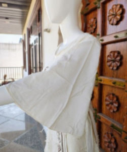 เสื้อผู้หญิงทันสมัย คอโอ แขนทรงระฆัง ผ้าฝ้ายทอ ผูกเอว พิมพ์ลายบล็อก แบบสั่งทำ - Product Image 3