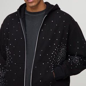 Conjunto Deportivo con Capucha para Hombre, Color Negro, Diseño con Puntos de Diamantes de Imitación, Corte Holgado, Casual, Largo, 100% Algodón, Ropa de Otoño - Product Image 3