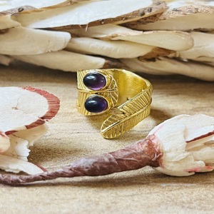 <b>Top</b> Choice Open Band <b>Feather</b> Amethyst Ring 18k Gold Plated Brass Boho Ring Double Stone Statement Wholesale Modern Style Ring - Product Image 1