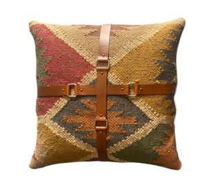 Handmade Kilim Cushion <b>Cover</b> with Leather Strap Boho Decorative <b>Throw</b> Pillow <b>Cover</b> Vintage Tribal <b>Sofa</b> Cushion - Product Image 2