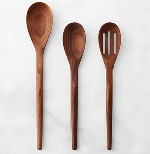 Ensemble de cuillères de cuisine modernes en bois, design minimaliste en noyer massif noir, finition mate noire, ustensiles de cuisine pour usage domestique - Product Image 1