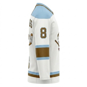Maillot de football américain personnalisé imprimé par sublimation avec logo de chien, blanc, marron, bleu, col en V, manches longues, respirant, 100 % polyester - Product Image 3