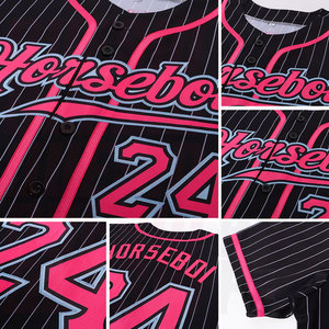 Camiseta de Béisbol Auténtica Personalizada con Rayas Blancas y Negras y Detalles en Rosa y Azul Claro, Sublimación Personalizada - Product Image 2