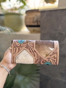 Cartera Organizadora de Cuero Turquesa Estilo Western, Cartera Vintage de Cuero Tallado para Tarjetas y Efectivo - Product Image 4