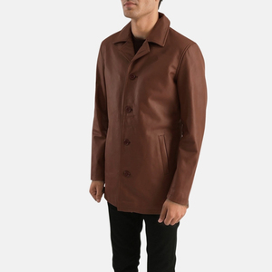 Manteau long en cuir véritable marron pour homme, col chemise, simple boutonnage - Product Image 5