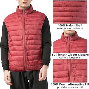 Gilet matelassé sans manches zippé couleur bordeaux uni, ultra fin, chaud et léger, en duvet, imperméable pour homme - Product Image 3