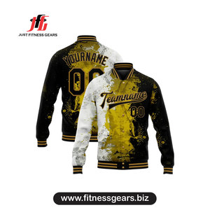 เสื้อแจ็คเก็ตวาร์ซิตี้แบบกำหนดเองสำหรับผู้ชาย สีดำเหลือง พิมพ์ลายแบบซับลิเมชั่น สวมใส่สบายๆ ในฤดูใบไม้ร่วง ปกคอพับติดกระดุมด้านหน้า - Product Image 1