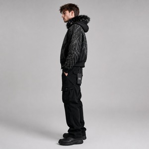 Sudadera con Capucha Negra para Hombre, con Ribete de Piel, Patrón de Alas Bordadas en Blanco, Estilo Deportivo Invernal, con Pedrería, 100% Algodón, Ecológica - Product Image 2