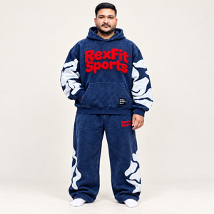 Acid Wash Pullover Tracksuit Unisex Graphic Sweatshirt <b>Cargo</b> Pocket Baggy <b>Pants</b> Custom Streetwear Heavyweight Fleece Set - Product Image 3