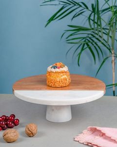 Hand <b>Crafted</b> Design Marble Cake Stand With Wooden Base Marble and Wood Cake Stand With Cake Platter at very low selling Price - Product Image 5