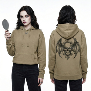 Custom Khaki Hoodie Women Oversized Streetwear Pullover Bat Skull <b>Back</b> Graphic Print Vintage <b>Drop</b> Shoulder Hooded Top - Product Image 1