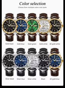 Luxury Men's Quartz <b>Watch</b> 615 Waterproof Luminous Date Week Display Business Wristwatch Leather Strap - Product Image 3