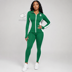 Iota Phi Lambda <b>Women's</b> Green Workout Set With <b>White</b> Contrast Side Panels Full Zip Jacket High Waist <b>Leggings</b> Activewear Set - Product Image 6