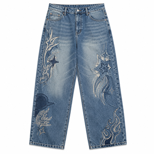 Women's <b>Embroidered</b> Breathable Wide Leg <b>Jeans</b> Mid Waist Loose Fit 100% Cotton Denim Vintage Simple Casual XL OEM ODM - Product Image 2