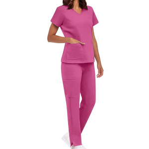 Women's Pink V-Neck <b>Scrub</b> <b>Set</b> with Pockets Hospital Uniforms - Product Image 2