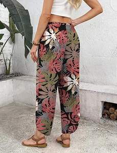 Pantalon Harem Floral Femme Taille Haute Fermeture Élastique Coupe Ample Longueur Cheville Style Bohème Tenue d'Été Imprimé avec Poches - Product Image 2