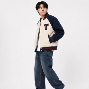 Blouson universitaire pour homme bleu marine avec lettre T brodée, style décontracté, coupe classique, vêtement d'extérieur d'automne, service OEM, 100% coton, col montant - Product Image 3