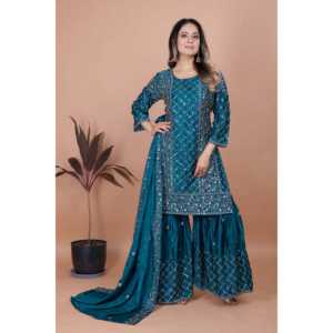 Traje Sharara de Algodón Chinon de Diseño para Fiestas, Bordado con Lentejuelas, Salwar Kameez - Product Image 3