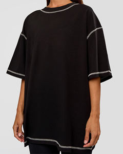 Camiseta de punto negra oversize para mujer con manga murciélago, cuello redondo, ajuste holgado, transpirable, de color liso, para todas las estaciones - Product Image 6