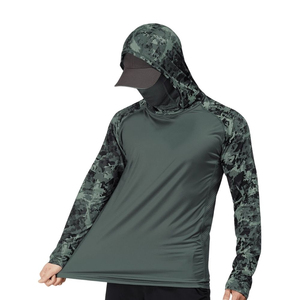 Unisex Camouflage Long Sleeve Hooded Fishing Shirt with Face Mask Waterproof UPF 50 Anti-UV Pullover <b>Top</b> Featuring Front Logo - Product Image 1