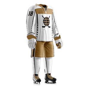 Ensemble d'uniformes de lacrosse personnalisés blanc et or, maillot de hockey, vêtements d'équipe, chemise à manches longues, shorts, gants, patins à glace - Product Image 4