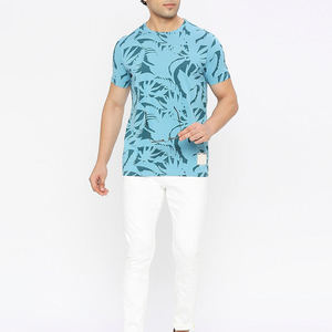 T-shirt à manches courtes pour homme, bleu clair, imprimé tropical, col rond, coupe classique, jersey tricoté décontracté - Product Image 2